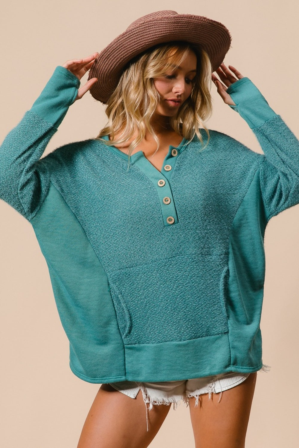 Thumb Opening Long Sleeve Top with Kangaroo Pocket