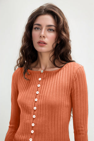 Button Up Round Neck Long Sleeve Top