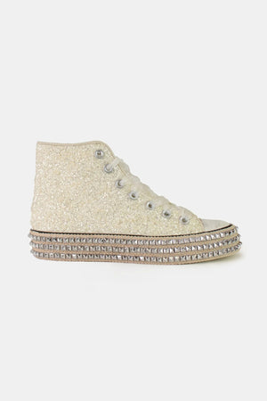 Vegan Glitter Lace-Up Studded Platform Sneakers