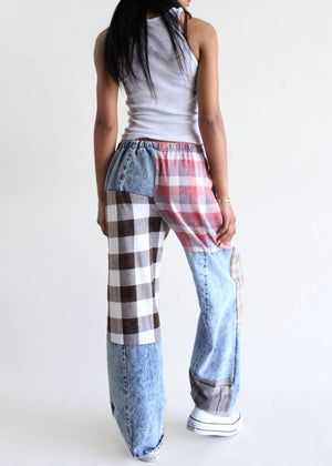 Flannel & Denim Patchwork Pants