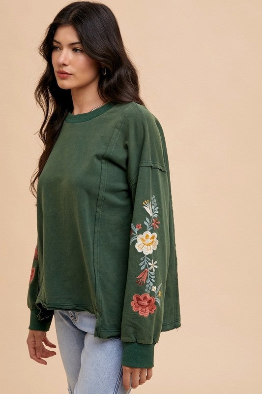 Embroidered French Terry Top (Forest Green)