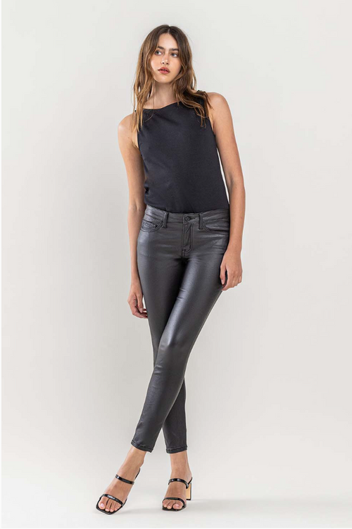 Mid Rise Vegan Leather Coated Ankle Skinny Jeans
