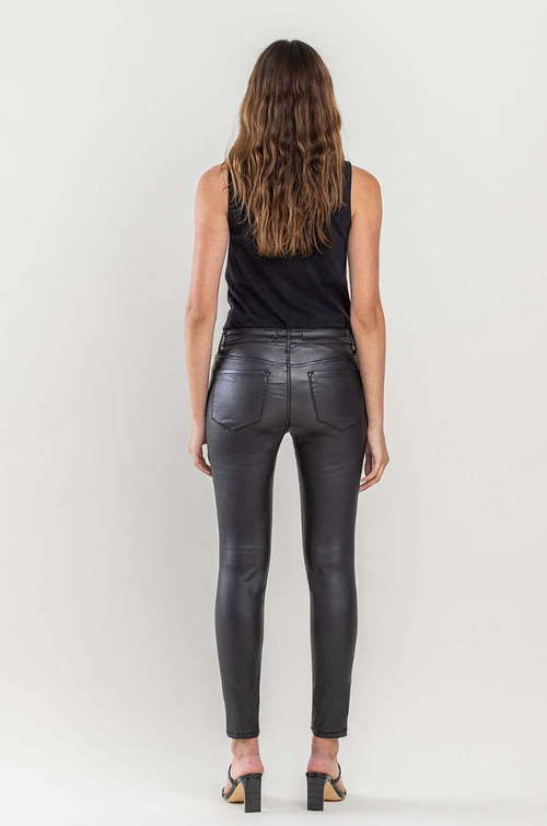Mid Rise Vegan Leather Coated Ankle Skinny Jeans