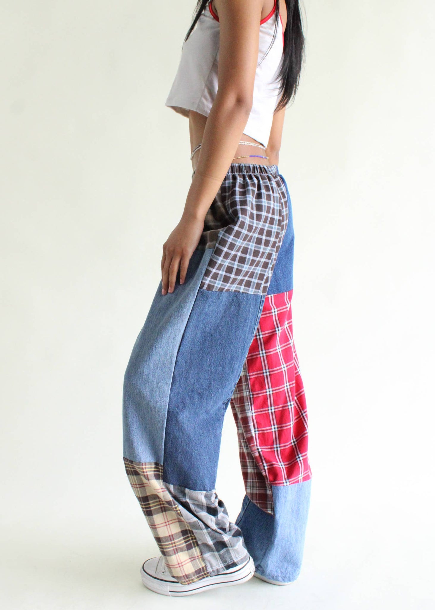 Flannel & Denim Patchwork Pants