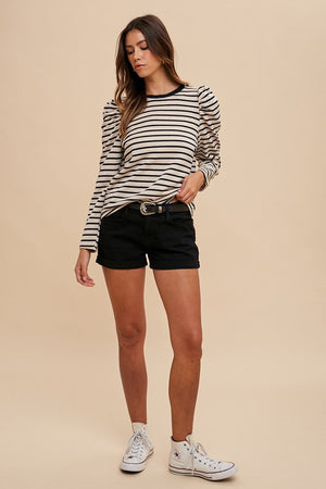 Striped Puff Sleeve French Terry Top