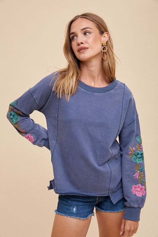 Embroidered French Terry Top (washed midnight)