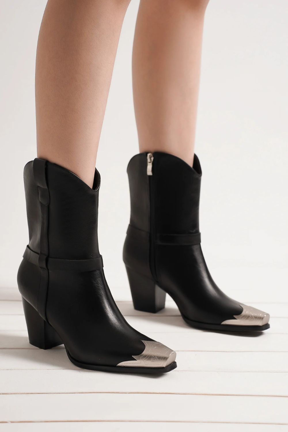 Vegan Leather Metal Toe Ankle Boots