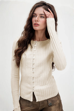 Button Up Round Neck Long Sleeve Top