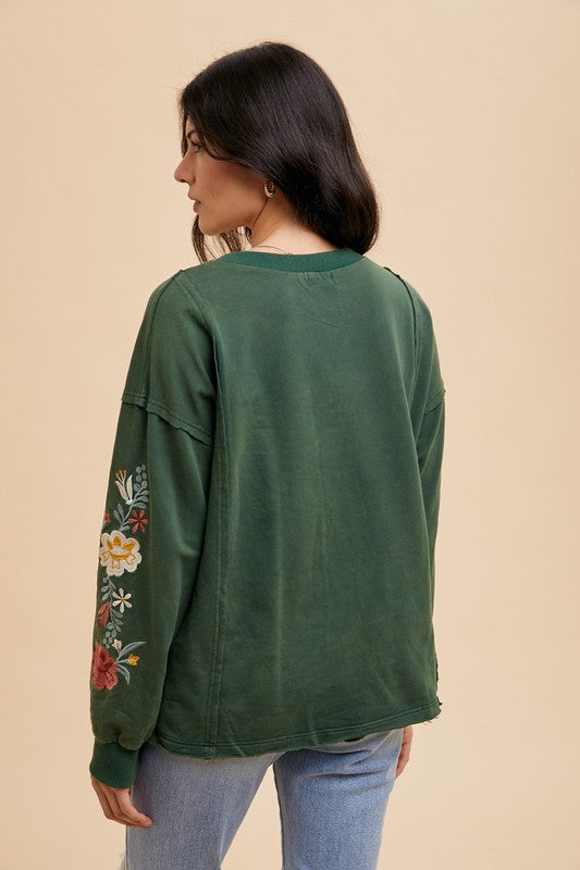 Embroidered French Terry Top (Forest Green)