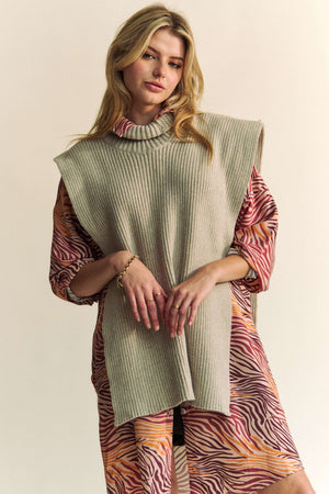 Side Split Turtleneck Sleeveless Sweater