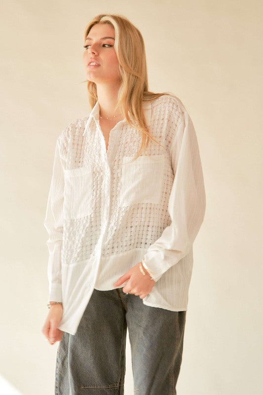 Crinkled Jacquard Button Down Shirt