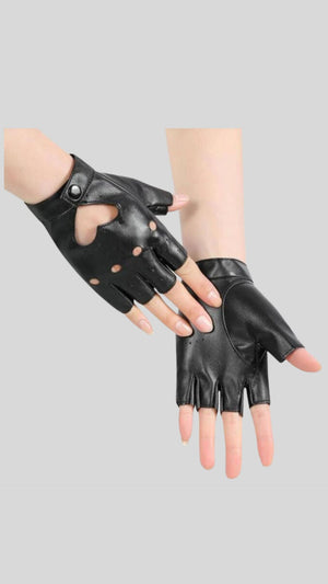 Vegan Leather Hollow Out Heart Fingerless Motorcycle Gloves