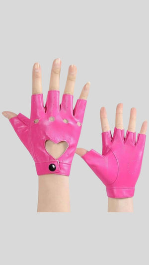 Vegan Leather Hollow Out Heart Fingerless Motorcycle Gloves